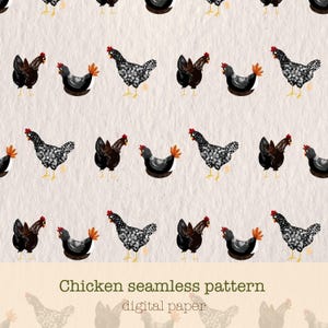 Peut inclure: Motif répété de poulets noirs, blancs et bruns, avec des crêtes rouges et des pattes jaunes, sur fond crème. Le texte "Chicken seamless pattern digital paper" est en bas.