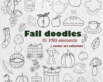 Autumn Doodles Clipart Bundle | Fall Vector Art Collection | Pumpkins, Leaves, Harvest, Thanksgiving Digital Illustrations