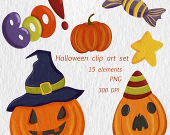 Halloween Clip Art Set | 15 elements | PNG | Transparent background | Digital download | 300 DPI