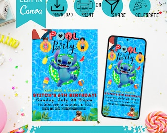 Stitch Kids Pool Party Invitations! Printable & Mobile Evite Set - instant download
