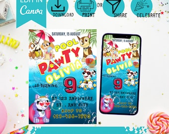 Editable Paw-ty Puppies Pool Beach Party Birthday Invitation – Printable and Mobile Evite,  instant download