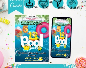 Minion Kids Pool Party Invitations! Printable & Mobile Evite Set - instant download