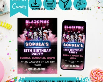 Black Pink Inspired K-Pop Birthday Invitation & Mobile Evite Set - instant download