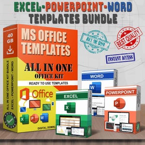 Puede incluir: Imagen de un paquete de plantillas de MS Office, que incluye Excel, PowerPoint y Word. La caja principal es naranja y amarilla, con el texto "MS Office Templates" y "All in One Office Kit". Otras cajas son verdes, azules y rojas.