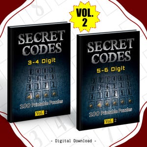 Może przedstawiać: Dwie czarne książki zatytułowane "SECRET CODES" z "Vol. 2" w żółtej gwieździe. Jedna książka mówi "3-4 Digit", a druga "5-6 Digit". Każda książka ma siatkę liczb i tekst "100 Printable Puzzles". Słowa "Digital Download" znajdują się na dole.