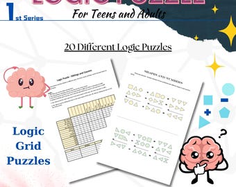 Könnte beinhalten: Eine bunte Illustration eines Gehirns mit dem Text "Logic Puzzle" in großer Schrift. Der Text "1st Series" befindet sich unter dem Titel. Der Text "For Teens and Adults" befindet sich unter der Seriennummer. Der Text "20 Different Logic Puzzles" befindet sich unter dem Titel "For Teens and Adults". Das Bild zeigt zwei Logikrätsel, eines mit einem Gitter und das andere mit Formen und Zahlen. Der Text "Logic Grid Puzzles" befindet sich unter dem Gitterrätsel.