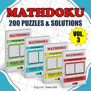 Może przedstawiać: Cztery książki z łamigłówkami Mathdoku, każda z innym schematem kolorów. Książki są oznaczone jako "MATHDOKU" i "200 PUZZLES & SOLUTIONS". Każda książka ma na okładce "50 Printable Puzzles" i "Vol. 3". Tło jest jasnoniebieskie z symbolami matematycznymi.