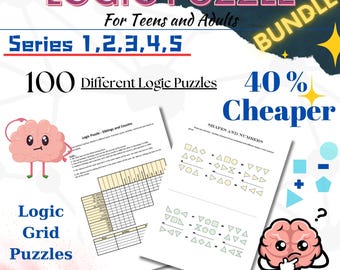 Könnte beinhalten: Eine farbenfrohe Grafik, die ein Bundle mit 100 Logikrätseln für Jugendliche und Erwachsene bewirbt. Die Grafik zeigt eine Gehirn-Karikatur, ein Gitterrätsel und ein Formrätsel. Der Text lautet "Logic Puzzle Bundle, For Teens and Adults, Series 1,2,3,4,5, 100 Different Logic Puzzles, 40% Cheaper".