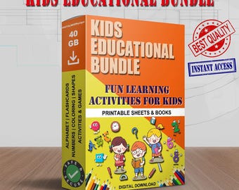 May include: A colorful educational bundle for kids, featuring the text "KIDS EDUCATIONAL BUNDLE" in large letters. The cover includes illustrations of children and educational icons. The bundle includes printable sheets and books for fun learning activities.