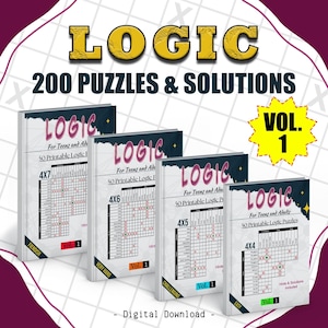 May include: A digital download set of four logic puzzle books titled Logic For Teens and Adults, featuring 200 puzzles and solutions. Each book cover displays a grid, a difficulty level, and the text Vol. 1. A yellow starburst badge reads Vol. 1.