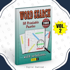 Może przedstawiać: Książka w miękkiej oprawie zatytułowana "WORD SEARCH" z "50 drukowanymi łamigłówkami" i "Ponad 2000 słów". Okładka przedstawia łamigłówkę wyszukiwania słów z lupą. Żółta grafika w kształcie gwiazdy głosi "VOL. 2". Widoczny jest również tekst "with solutions".
