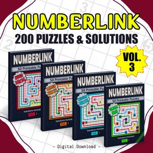 Op de afbeelding: Vier Numberlink puzzelboeken, elk met 50 afdrukbare puzzels, met verschillende rastergroottes: Huge 14x14, Large 12x12, Medium 10x10 en Small 9x9. De tekst "NUMBERLINK" en "200 PUZZLES & SOLUTIONS" worden weergegeven. "Digital Download" wordt ook weergegeven.