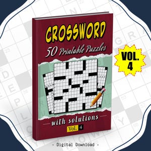 Könnte beinhalten: Ein weinrotes Buch mit dem Titel "CROSSWORD" in Gelb, mit "50 Printable Puzzles". Das Cover zeigt Kreuzworträtsel und einen Bleistift. Es ist mit "Vol. 4" und "with solutions" beschriftet.