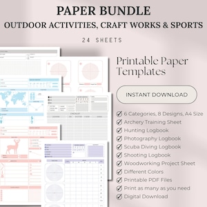 May include: A paper bundle with printable templates for outdoor activities, craft works, and sports. Includes 24 sheets with designs for archery, hunting, photography, scuba diving, shooting, and woodworking. Features different colours and instant download.
