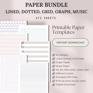 Op de afbeelding: Een digitale papierbundel met verschillende sjablonen, waaronder gelijnd, gestippeld, geruit, grafiek en muziekpapier. De afbeelding toont verschillende papierstijlen en bevat de tekst "Printable Paper Templates" en "Instant Download."