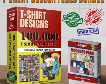 May include: A bundle of T-shirt design files, including 100,000 designs and editable templates. The package includes a bonus and instant access. A smaller box contains a mockups pack. The text on the boxes reads "T-Shirt Designs" and "Digital Download."
