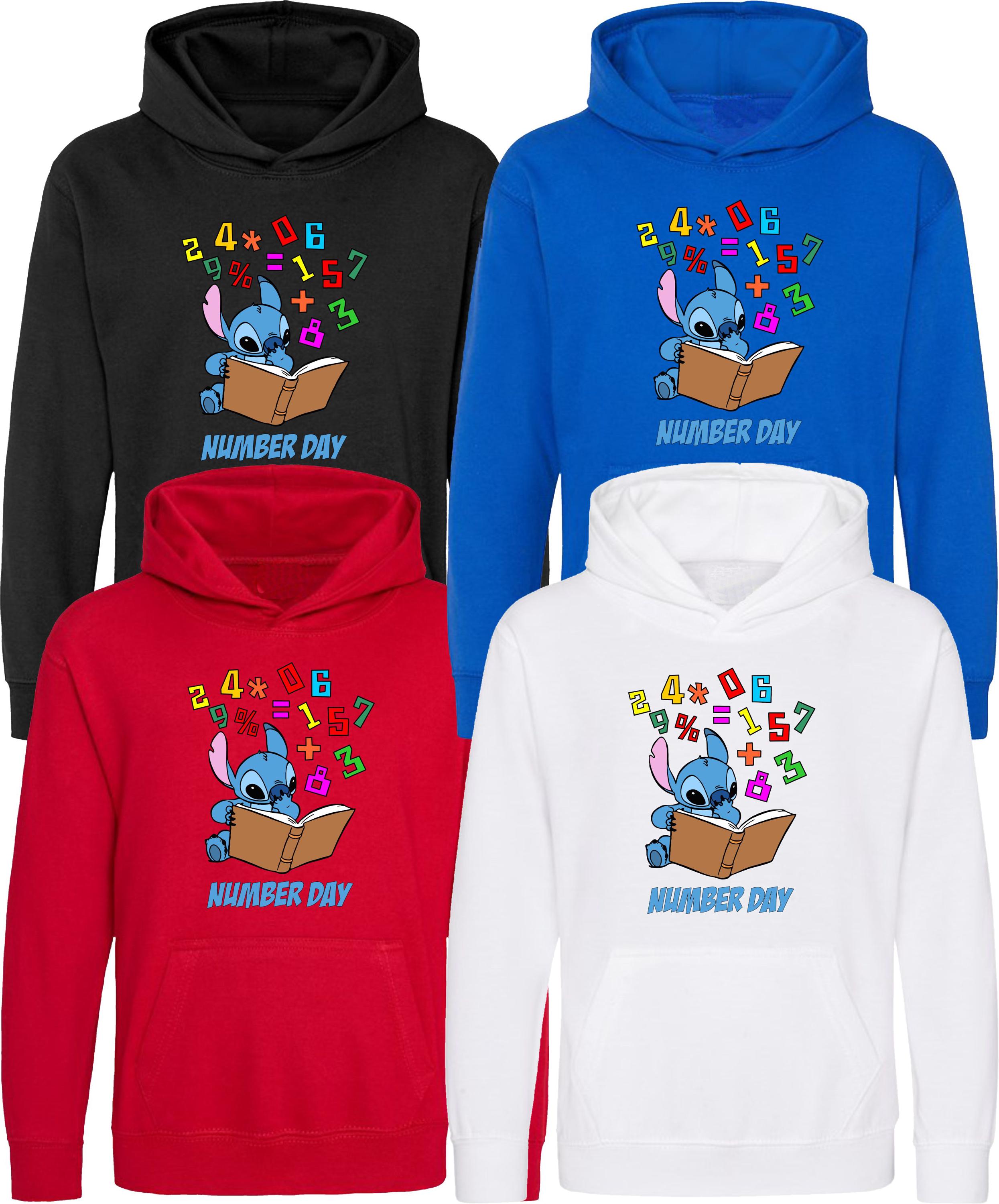 Disney Stitch Number Day Hoodie, Colourful Number Pullover, Teacher Day Top, Stitch Reading Book Unisex Adults Kids Gift Hood Top