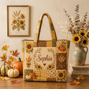 Può includere: Una borsa tote trapuntata con un design patchwork di girasoli, zucche e spighe di grano. Il pannello centrale mostra il nome Sophia in corsivo circondato da una corona di foglie e un piccolo cuore. La borsa è dotata di due manici in tessuto.