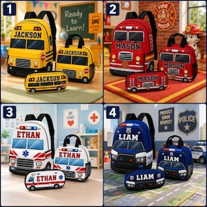Può includere: Una collezione di quattro set di borse personalizzate, ognuno composto da zaino, borsa per il pranzo e astuccio a forma di scuolabus, camion dei pompieri, ambulanza o auto della polizia, con i nomi Jackson, Mason, Ethan e Liam stampati sopra.