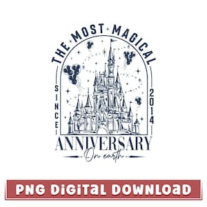 以下が含まれることがあります： お城と「THE MOST MAGICAL ANNIVERSARY ON EARTH SINCE 2014」の文字が描かれた白黒のグラフィック。風船と星が城を囲んでいます。画像の下部には「PNG DIGITAL DOWNLOAD」の文字があります。