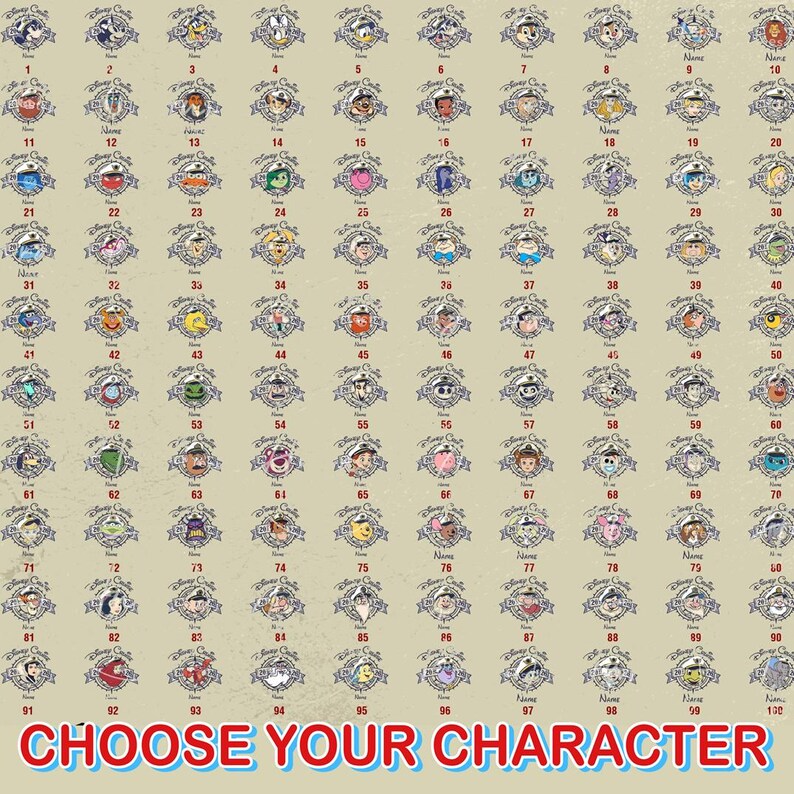 a grid of various cartoon character images, with the text "CHOOSE YOUR CHARACTER" displayed prominently at the bottom.