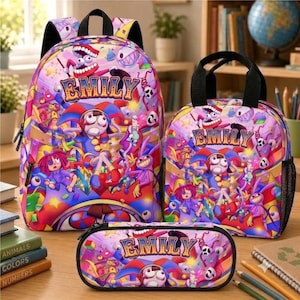 Ensemble sac à dos personnalisé Amazing Digital Circus, sac d'école TADC personnalisé avec nom, sac à lunch et trousse, cadeau de rentrée scolaire