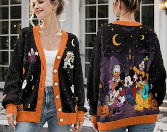 Mouse Friends Halloween Cardigan, Minnie Witch Knit Sweater, 2026 Family Halloween Outfit, Cute Cartoon Knitwear, Halloween Trip Sweater