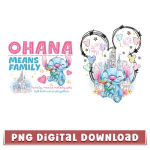 Castello di Stitch Disneyland, acquerello PNG, Ohana significa famiglia PNG, Stitch e Lilo PNG, personaggio dei cartoni animati, regno magico, download digitale