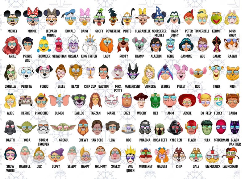 a grid of various cartoon character faces, each with different expressions and hairstyles, arranged in rows and columns.