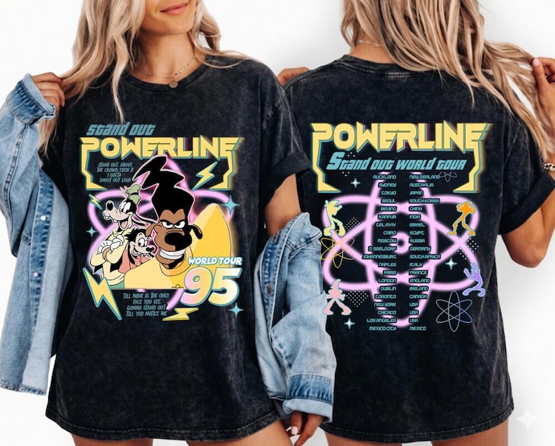 Camiseta Disneyland Powerline Stand Out World Tour 95 Comfort Colors, Camiseta Powerline de la película de Goofy, Camiseta a juego para la familia, Camiseta del Reino Mágico imagen 1