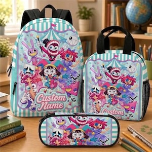 May include: A backpack, lunch bag, and pencil case set featuring a light blue and white striped background with a circus-themed graphic print of cartoon characters and the text Custom Name in a pink script font on each item.