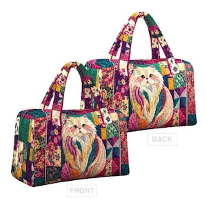 May include: Two quilted duffel bags featuring a colorful patchwork design with floral and geometric patterns. Each bag displays a central image of a long-haired white and cream cat. The bags have two top handles and are labeled FRONT and BACK.