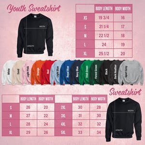 The image is a collage of various sizes and styles of youth sweatshirts, along with their corresponding measurements and descriptions.