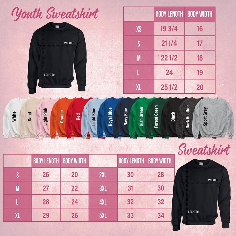 The image is a collage of various sizes and styles of youth sweatshirts, along with their corresponding measurements and descriptions.