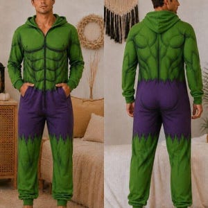 Puede incluir: Un mono con capucha verde y morado que presenta un gráfico impreso de torso musculoso en la parte delantera y trasera, cierre de cremallera frontal completo, mangas largas y puños de pantalón morados dentados como un personaje de cómic.