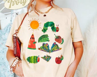 Camiseta "La oruga muy hambrienta" con colores cómodos, regreso a clases, camiseta de "La oruga hambrienta" para maestros, camiseta de "Vida docente", camiseta de "Libro infantil"