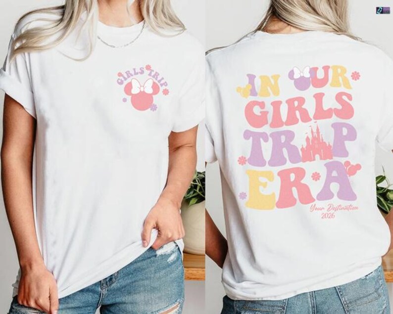 A white t-shirt with a graphic design featuring Minnie Mouse and the text "Girls Trip" on the front, and "In Our Girls Trap Era" on the back.