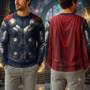 May include: A long-sleeve sweatshirt featuring a graphic print of a blue and silver metallic armour chest plate with circular silver discs on the front and a red cape design printed on the back, worn with light grey trousers.