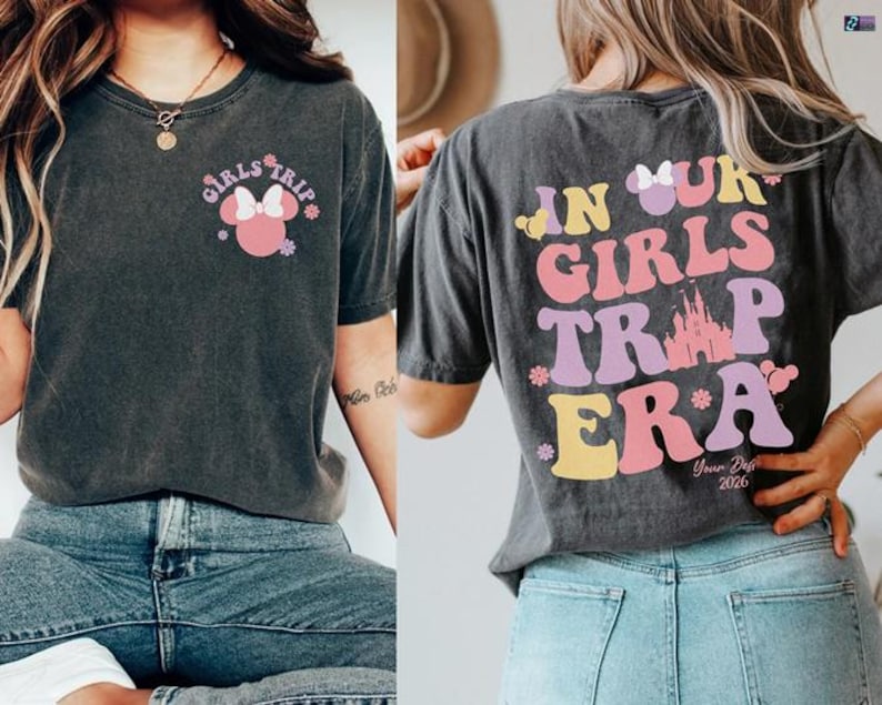 The image is a collage of two photos featuring a woman wearing a black t-shirt with a Minnie Mouse design and text on the back, as well as a woman wearing a gray t-shirt with text and a castle graphic.