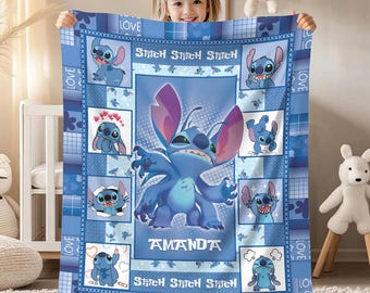 Personalized Stitch Blanket, Custom Name Lilo And Stitch Blanket, Disneyland Stitch Blanket, Stitch Throw Blanket For Bed Couch Sofa Decor