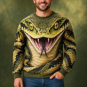 Può includere: Una felpa a girocollo a maniche lunghe con una grande stampa grafica realistica di una testa di serpente con la bocca aperta, zanne visibili e lingua biforcuta. Il motivo presenta squame dettagliate nei colori verde, giallo e nero.