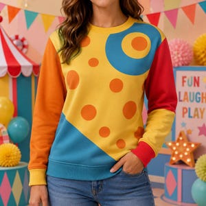 May include: A long-sleeved sweatshirt featuring a vibrant colour-blocked design with a yellow front panel decorated with orange polka dots and a large blue circle. The sleeves are solid orange and red, with a blue section at the bottom hem.