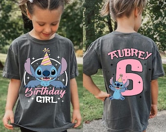 Camiseta de Stitch personalizada con colores cómodos para niña, viaje familiar a juego, camiseta de cumpleaños de Stitch, cumpleaños de Lilo y Stitch en Disneyland