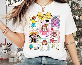 Camisa con lazo coqueto de Junie B Jones para maestras de regreso a clases, colores cómodos, biblioteca, club de lectura, jardín de infantes, escuela, personaje infantil