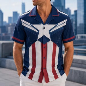 Captain America-geïnspireerd Hawaïaans shirt, superheldenkostuumshirt, cosplay-outfit uit een film, Captain America Halloweenkostuum, superheldenfan cadeau