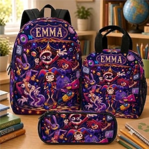 Ensemble sac à dos personnalisé Amazing Digital Circus, sac d'école TADC personnalisé avec nom, sac à lunch et trousse, cadeau de rentrée scolaire