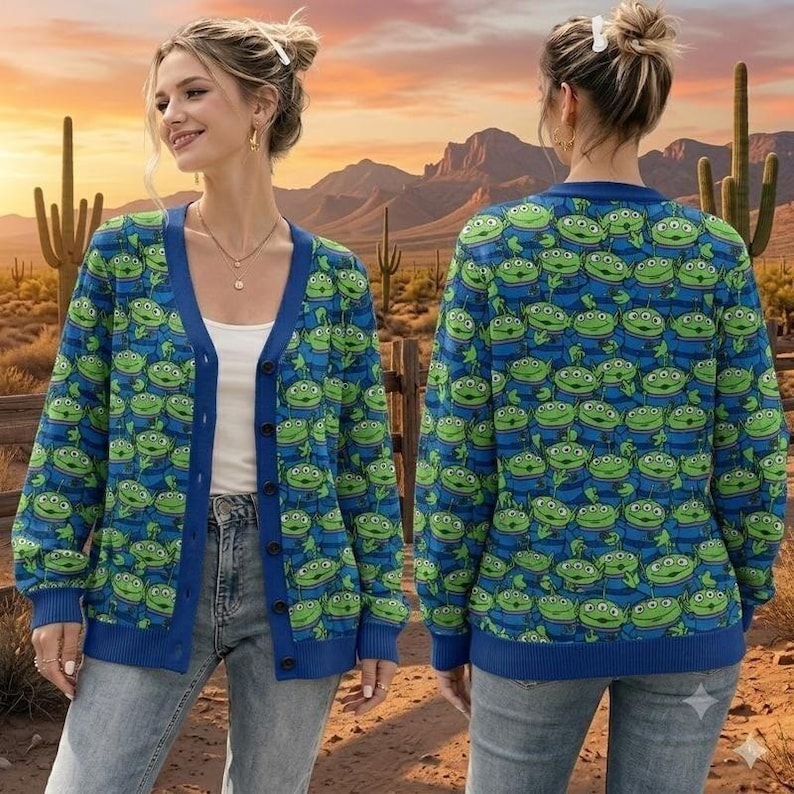 Toy Story Alien Cardigan, Little Green Men Sweater, Pizza Planet Alien Knit Cardigan, Pixar Inspired Outfit, Disneyland Trip Cardigan image 1