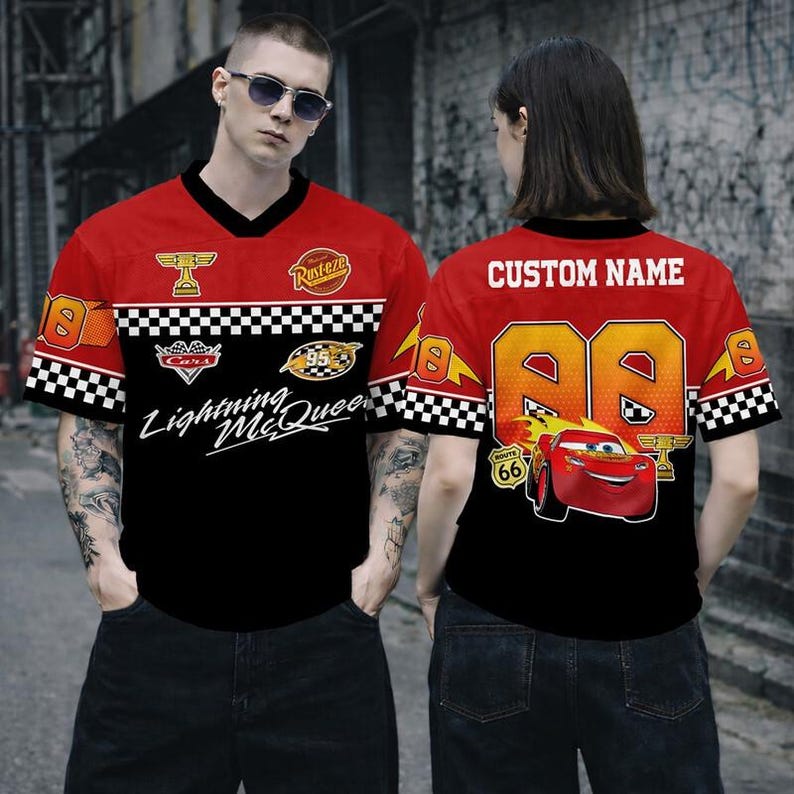 Custom Name Disneyland Cars Football Jersey, Personalized Cars Lightning McQueen Sally Doc Luigi Guido Croptop Football Jersey, Cars Movie image 3