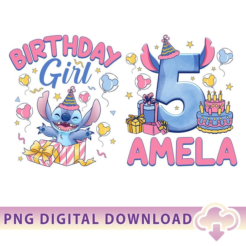 May include: A digital graphic featuring Stitch from Lilo & Stitch, with the text "BIRTHDAY Girl" and "5 AMELA". The design includes balloons, gifts, a birthday cake, and stars, all in a vibrant color palette of pink, blue, yellow, and white.