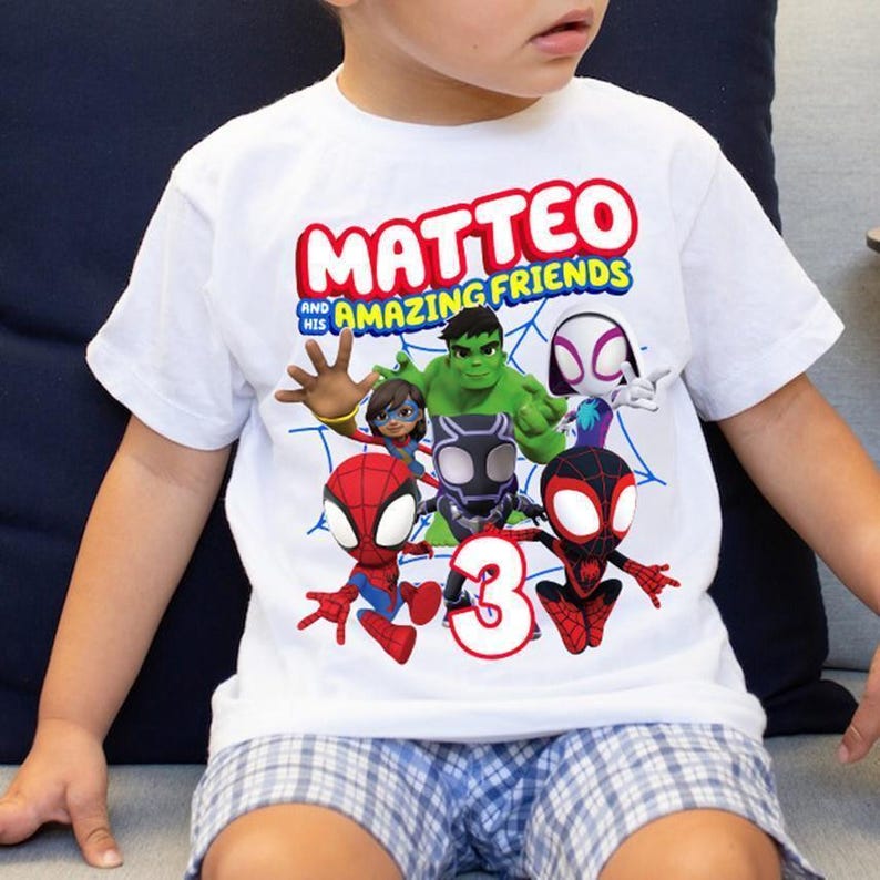 Camiseta de cumpleaños de Spidey y sus increíbles amigos, camiseta de cumpleaños de Spidey superhéroe para niño, camiseta a juego de cumpleaños familiar de Spidey, camiseta personalizada de Spidey imagen 3